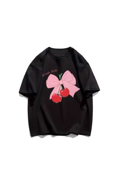 Black Ribbon Cherry T-Shirt - Printed Oversize Crew Neck Short Sleeve