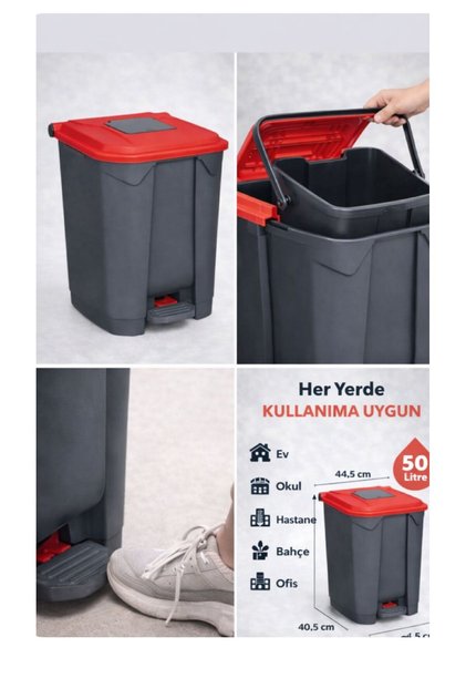 1 adet Pedallı 50 LT Çöp Kovası İç Kovalı ORTA Boy Plastik Çöp Kutusu Ev Ofis Mutfak kırmızı kapak