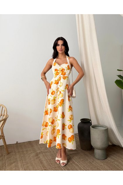 Women's Ecru Strappy Orange Patterned Dress