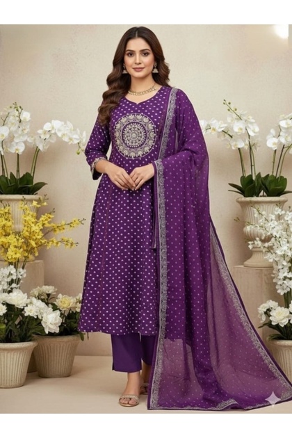 Women’s Purple Anarkali Kurta Set with Dupatta–Ethnic Motif Embroidered Cotton Kurti with Trousers