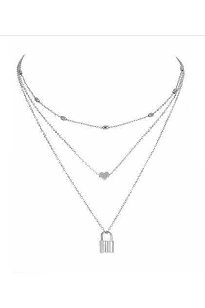 Silver Color Lock and Heart Charm Layered Necklace