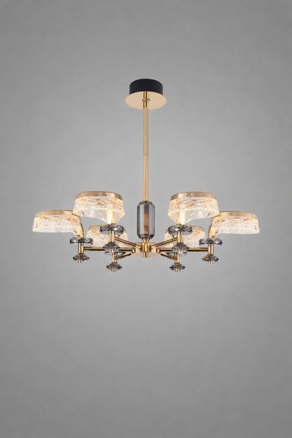 Zühre Modern Kristal Camlı 6 Kollu LED Avize – Siyah & Altın 3 Renk Işıklı