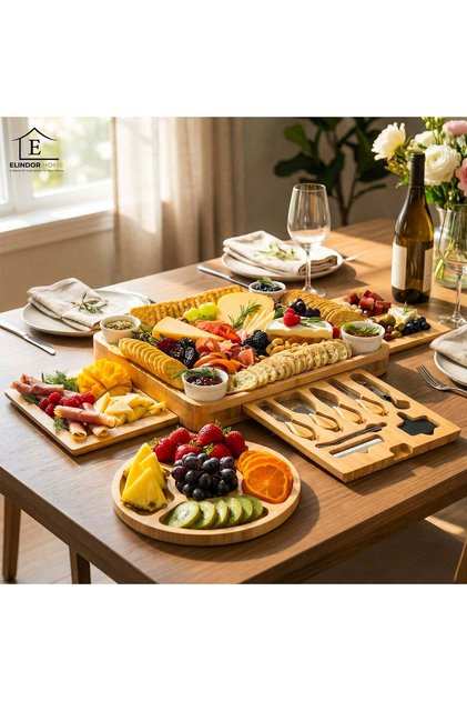 Platou rotund pentru servire cu brânză și aperitive din bambus, 40,5 × 30,5 × 5 cm, bej