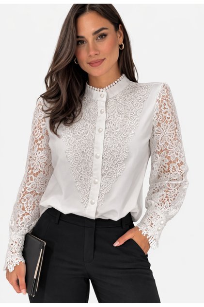 Cămașă damă elegantă albă cu dantelă și mâneci transparente – stil office