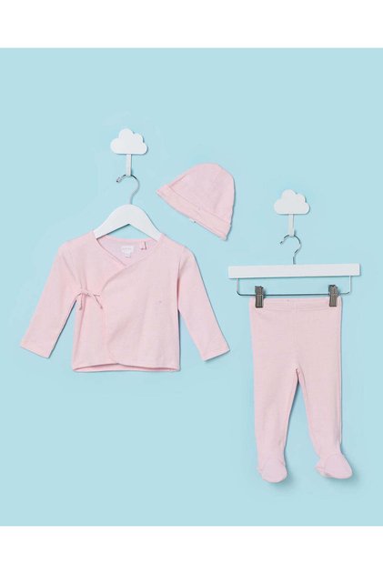 Baby Pale Pink Ribbed Fabric 3 Piece Night Set