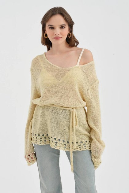 Women's Knitwear Knitted Waist Belt Detail Long Sleeve Design Blouse