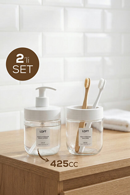 2-Piece Glass Bathroom Set White | 425 Cc Liquid Soap Dispenser and Toothbrush Holder - Decorative Bathroom Accessory