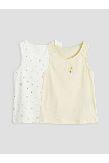Ecru Crew Neck Floral Girls' Undershirt 2-Pack (S6)
