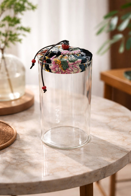 650 ml Borosilicate Glass Airtight Black Fabric Covered Jar with Bamboo Lids, Diameter: 8 Cm, H: 18 cm