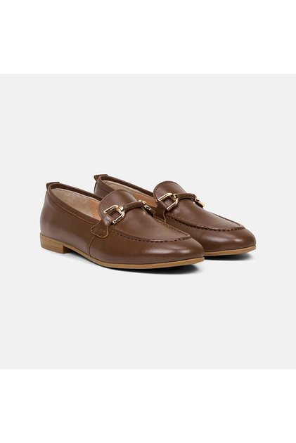 Women's Brown Metal Gold Buckle Accessory Leather Loafers