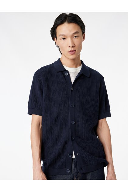 Regular Fit Textured Cotton Lu Polo Neck Short Sleeve Buttoned Knitwear T-Shirt