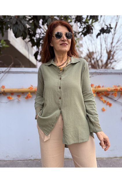Back Button Collar Cotton Mesh Shirt Khaki