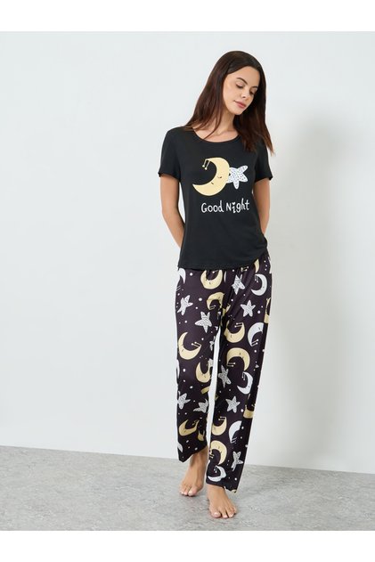 Black Star Moon Print T-Shirt and Pyjama Set