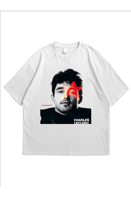 Kadın Erkek Beyaz Charles Leclerc Il Predestinato Poster Baskıllı Kısa Kollu Oversize Tişört