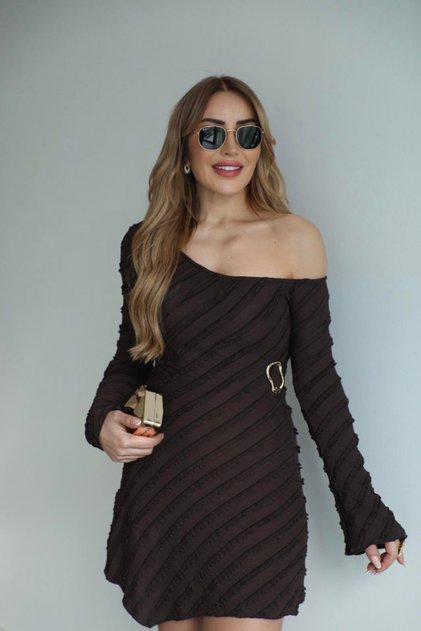 BUKETLİ Kadın Tek Omzu Açık Beli Tokalı Astarlı Verev Gofre Kumaş Uzun Kollu Kısa ELBİSE