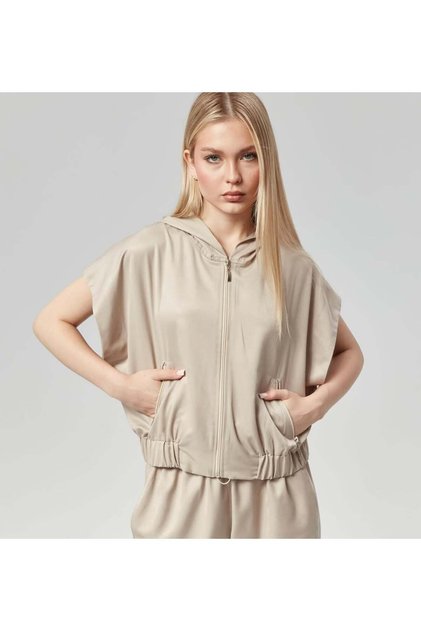 Hooded Short-Sleeved Bomber Jacket and Pants Two-Piece Set