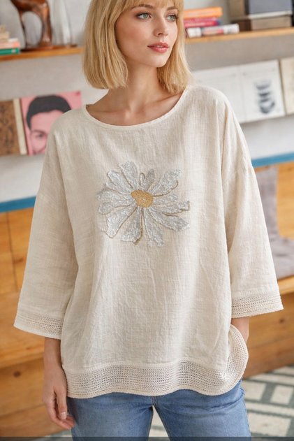 Women's Beige Floral Sequin Embroidered Hem/Arms with Mesh Detail Oversized Casual 100% Cotton Linen Blouse