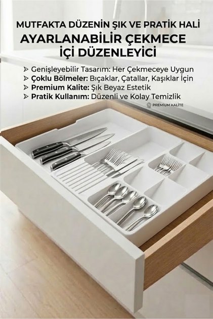 Çekmece İçi Kaşıklık ve Bıçaklık Düzenleyici Organizer Ayarlanabilir Kayar Kızaklı