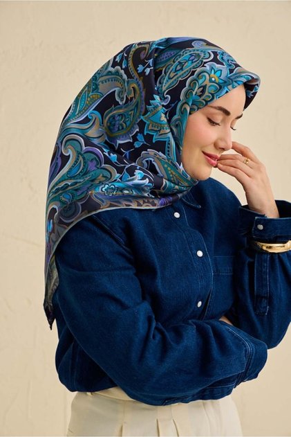Tivil Silk Scarf Ist 11504- 20 Navy Blue Ethnic Pattern