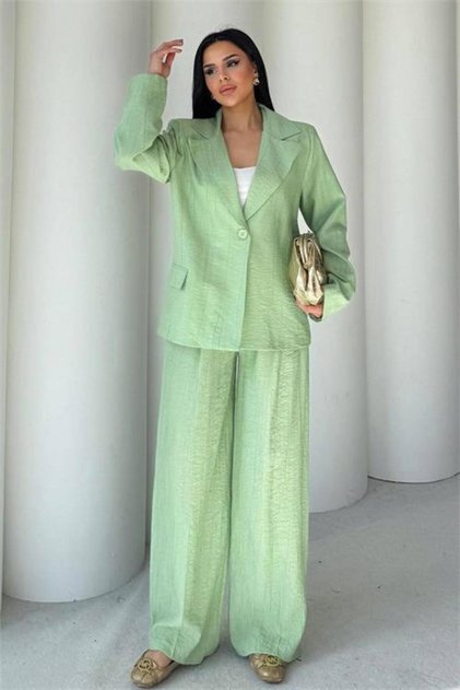 Costum de damă verde mentă supradimensionat cu sacou cu un singur nasture și pantaloni DPSTR4085