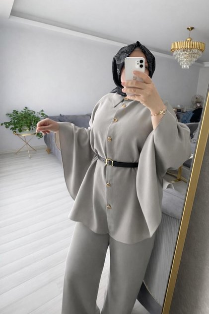 Gold Button Detail Pancohole Sleeve Belt Piece Tunic Set - Stylish Double Set