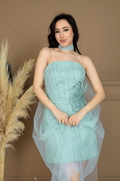 BEYBOS Lace Strapless Mini Dress - Mint Green- Trendyol