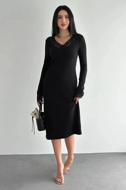 Women's Lace Detailed V-Neck Dress – Long Sleeve Stylish Casual Dress