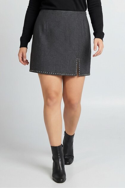 Women Rhinestone Slit Mini Skirt, Grey