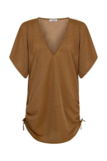 Side Ruched Glittery v neck brown tunic