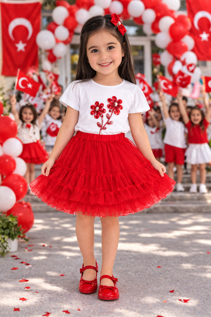 Girls' White T-Shirt with Red Flower Detail – School and Holiday Event T-Shirt Ages 3-14