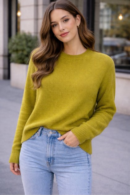 Women's Vita-260 MaviÅŸ Crew Neck Basic Knitwear Sweater Olive Green