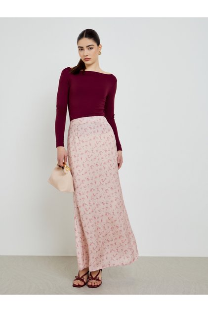 Pink Floral Pink Flared Hem Maxi Skirt