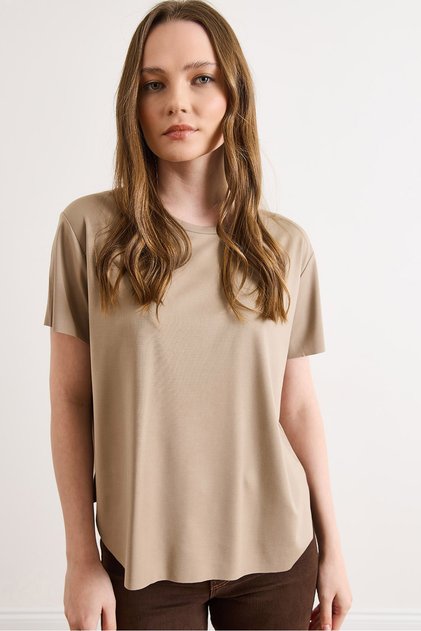 Women's Mink Bottom Oval Drapey Modal Button T-Shirt Tsh-19000957