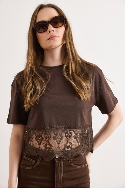 Women's Brown Lace Detailed Cotton T-Shirt Tsh-19000954