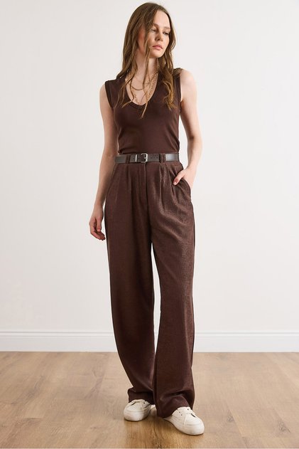 Pantaloni maro pentru femei, curea piese, cu buzunare subțiri, D lejer K catifea PNT-19000397