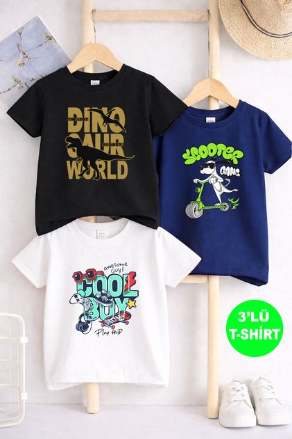 Scooter and Dinosaur Printed Cotton Pack of 3 Unisex White-Navy Blue-Black Children's T-Shirts