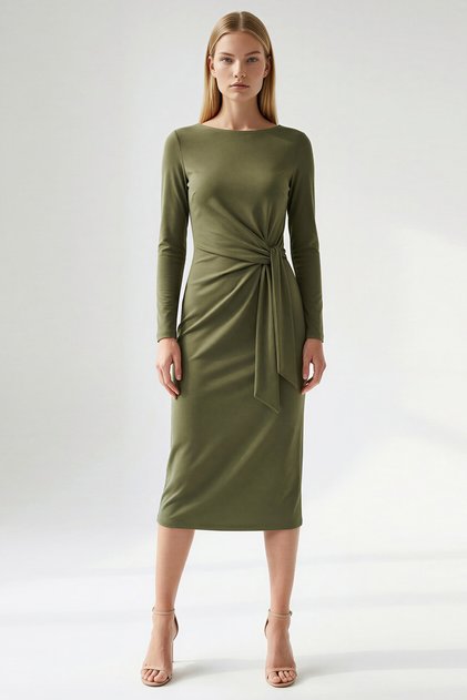 Crew Neck Zippered Waistline Tie-Detail Regular Knitted Dress