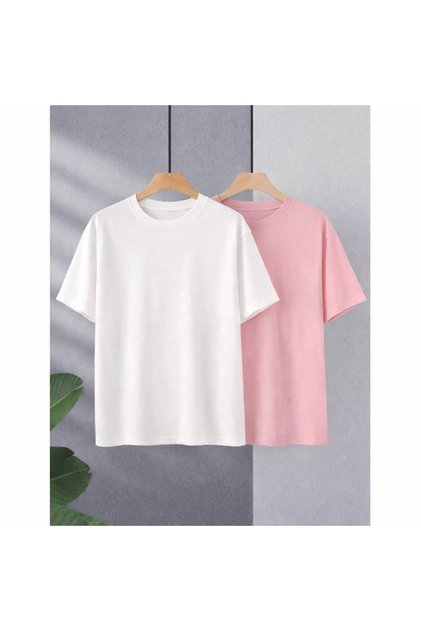 Oversized T-Shirt Set of 2 White & Colorful Crew Neck Comfortable Fit Daily Unisex T-Shirt