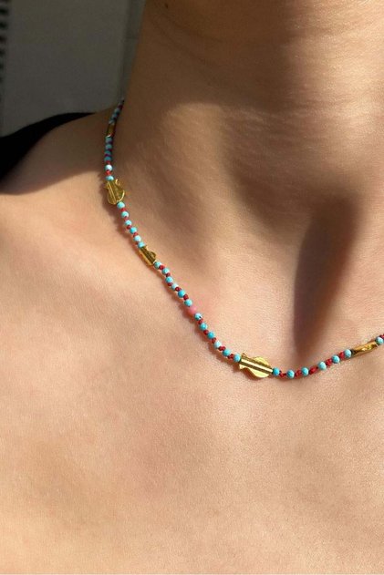 925 Ayar Gümüş, Gold, Doğal Taşlı, Firuze Taşlı, Balık Choker Kolye