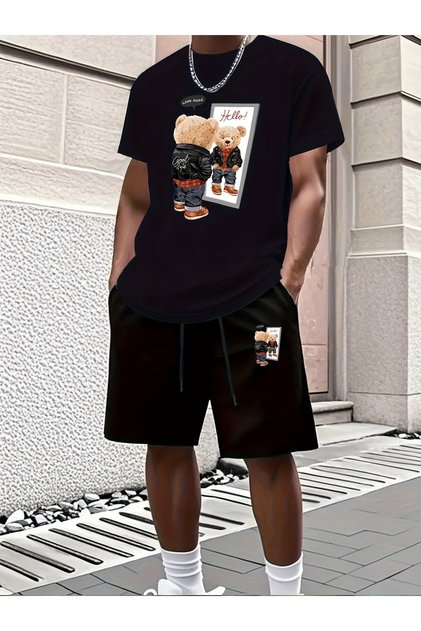 Hello Shorts T-Shirt - Shorts and Top Tracksuit Set Printed Oversized Crew Neck