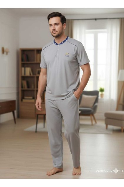 Men's Short Sleeve Pocketed Stretch Fabric Combed Cotton Fabric Pajama Set