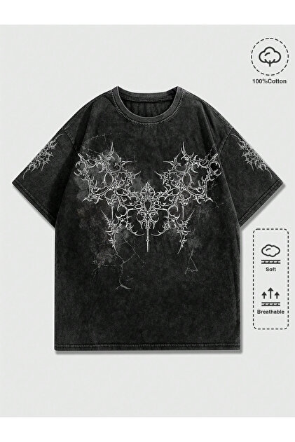 Gothic Graphic Yıkamalı Oversize Vintage T-Shirt
