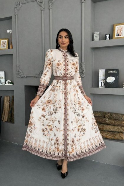 Women's White-Brown Atlas Fabric Button Detailed Belt Pack Maxi Dress Jen2599