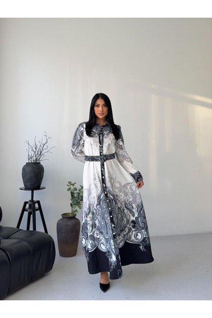 Women's White-Black Atlas Fabric Shirt Collar Ethnic Patterned Belt Pack Maxi Dress Jen2648