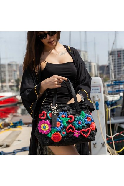 Rosela Çiçek Desenli El Örgüsü Tote Omuz Çantası