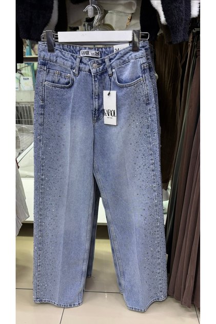 Mavi taşlı normal bel Likrasız wide leg fit jean