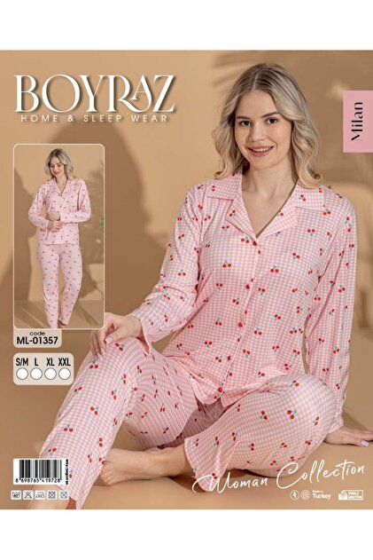 White Wholesale Women's Patterned Long Sleeve Pajama Set - Cotton Piece Textured Comfortable Fit Homewear Set
