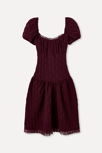 Mudo Women's Burgundy Short Sleeve Lace Mini Dress- Trendyol