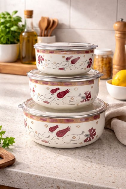 3-Piece Enamel Storage Container Set – Vacuum-Locked with Lids – 14 / 16 / 18 cm – Multi-Purpose Refrigerator Storage Container