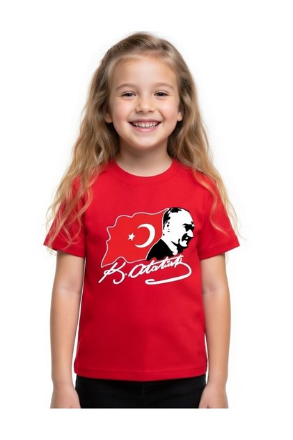 Short-Sleeved Swinging Flag Signature April 23Rd Ataturk Printed Children's T-Shirt - Boy/Girl T-Shirt